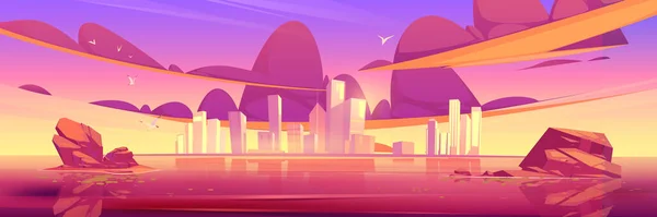 Sunset city skyline arkitektur nära vattnet — Stock vektor
