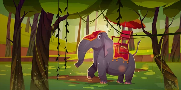Elefante indio con howdah y paraguas en la selva — Vector de stock