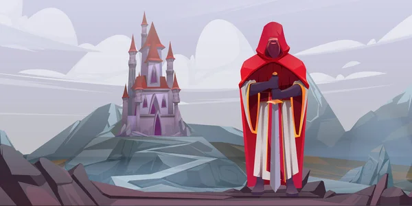 Chevalier debout avec épée et château médiéval — Image vectorielle