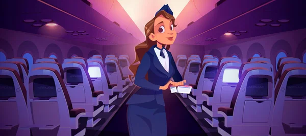 Stewardess met ticket in vliegtuigcabine — Stockvector