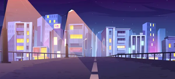 Cesta do města s budovami a domy v noci — Stockový vektor