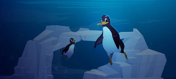 Los pingüinos nadan bajo el agua en el océano antártico — Vector de stock