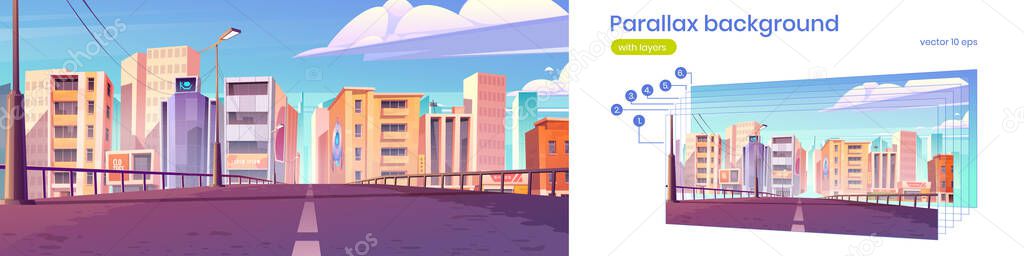 Parallax background with road and city buildings