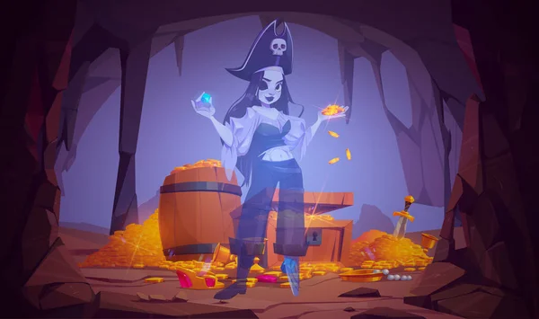 Fantasma di ragazza pirata in grotta con tesoro — Vettoriale Stock