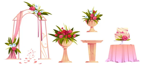 Hochzeitsdekoration mit Blumenbogen und Kuchen — Stockvektor
