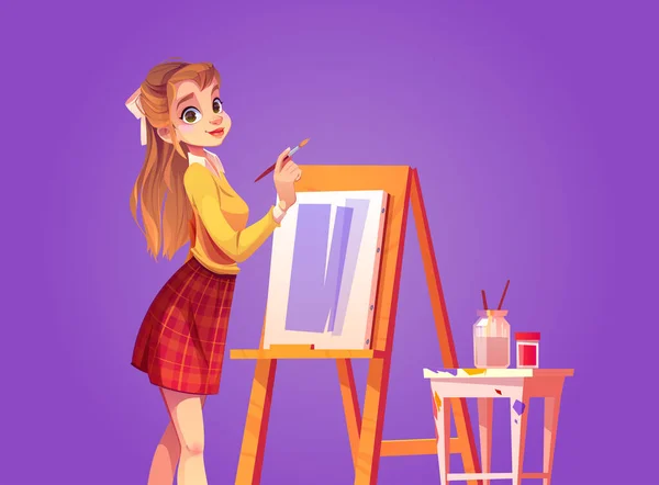 Chica pintor dibuja sobre lienzo con pincel — Vector de stock