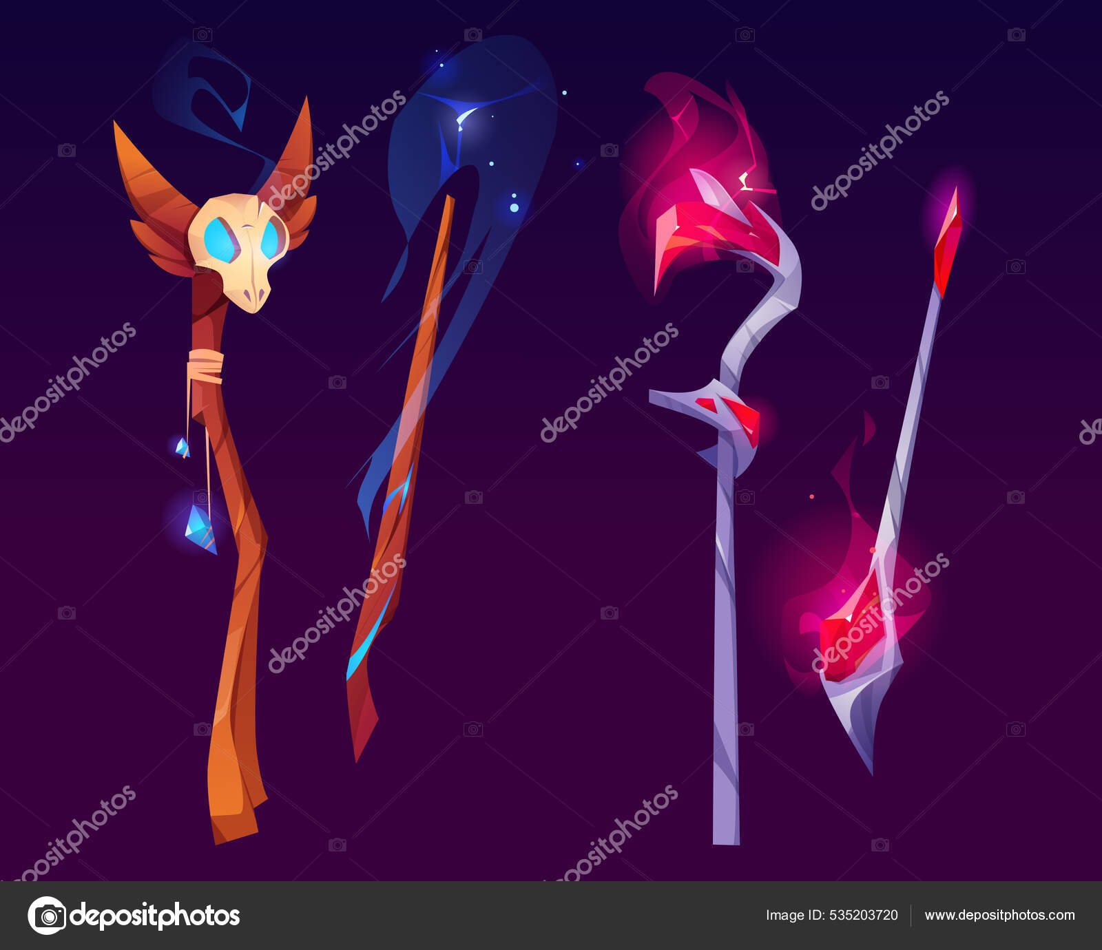 마법 지팡이, 마법사 지팡이, 마녀 막대기 세트 스톡 벡터 - ©klyaksun 535203720, image size:1600x1380