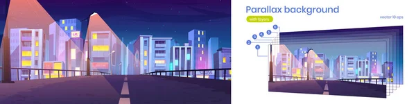 Parallax background night city bridge view, layers — Stock Vector