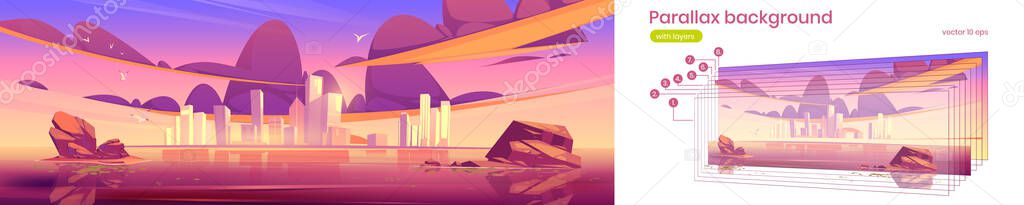 Parallax background sunset city skyline, megapolis