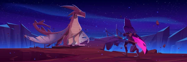 Pohádkový drak a rytíř s kopím v noci — Stockový vektor