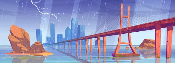 Πόλη ορίζοντα με κτίρια και γέφυρα στη βροχή — Διανυσματικό Αρχείο