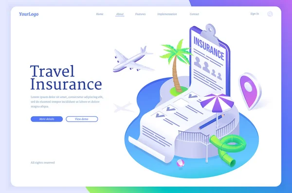 Travel insurance isometric landing page, banner — Stock Vector