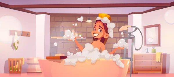 Mulher tomando banho com espuma no banheiro — Vetor de Stock