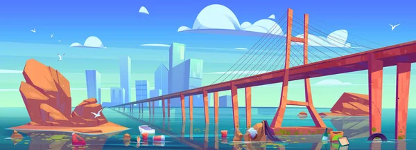 Modern city skyline with bridge and polluted ocean — Stock Vector