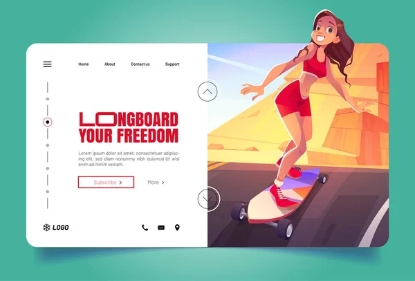 Longboard your freedom cartoon landing page banner — Stock Vector