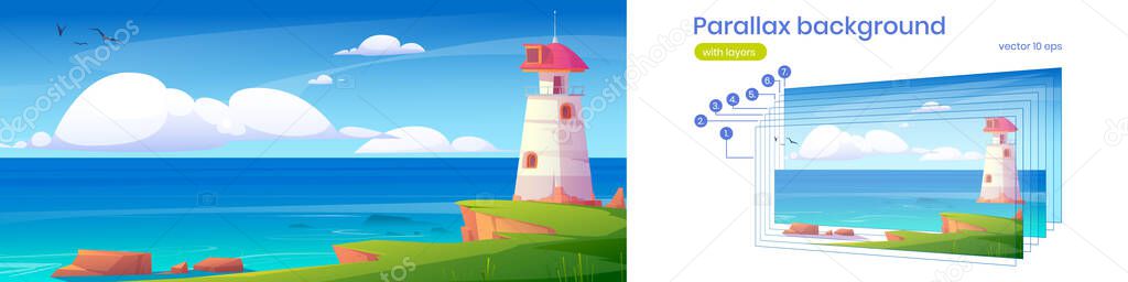 Parallax background with lighthouse on sea coast