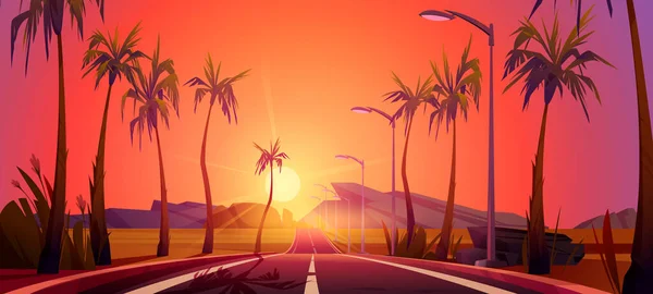 Camino con palmeras a los lados, puesta de sol, perspectiva — Vector de stock