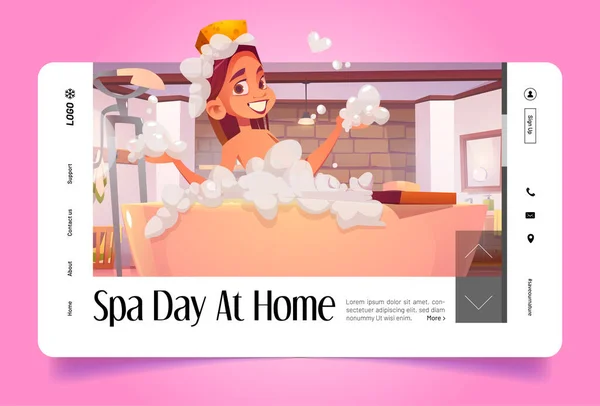 Spa day at home cartoon landing page, girl washing — Stock Vector