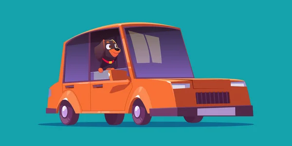 Carino personaggio cane seduto in auto rossa — Vettoriale Stock