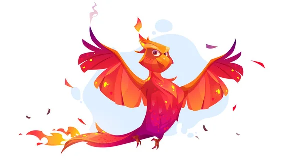Χαριτωμένος χαρακτήρας Φοίνικας με φωτιά στα φτερά — Διανυσματικό Αρχείο