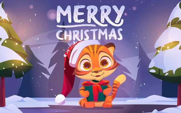 Feliz cartão de Natal com tigre na floresta de inverno — Vetor de Stock