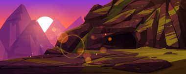 Mountains with entrance to dark cave at sunset clipart