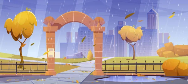 Paisagem de outono com entrada em arco de pedra na chuva — Vetor de Stock