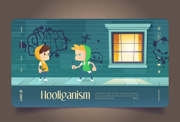 Hooliganism cartoon landing page, графіті підлітків — стоковий вектор