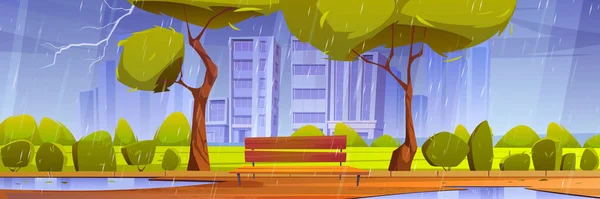城市公园，雨天长椅，夏季雨 — 图库矢量图片