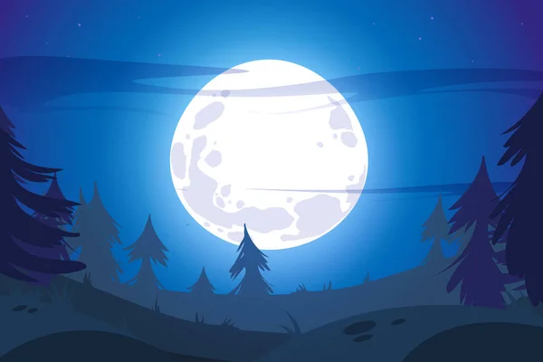 夜空に満月と暗い森の風景 — ストックベクタ