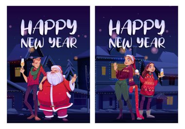 Noel Baba ve insanlarla mutlu yeni yıl posterleri