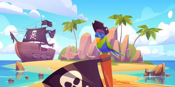 Pirate ship moored on secret island with parrot