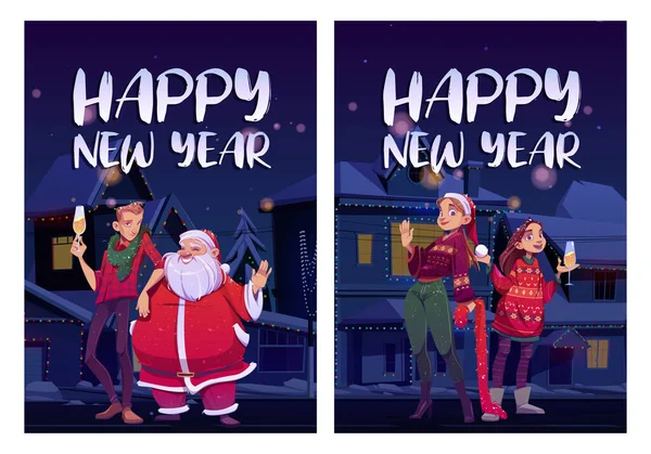 Happy New Year posters with Santa Claus and people — Vetor de Stock