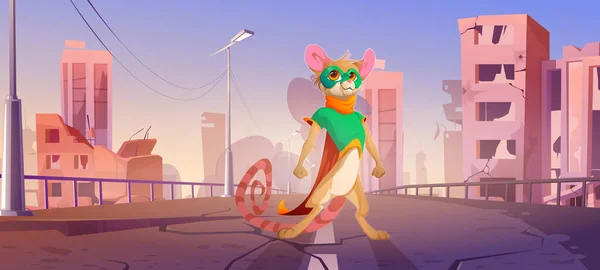 Superhéroe ratón en la calle de la ciudad destruida — Vector de stock
