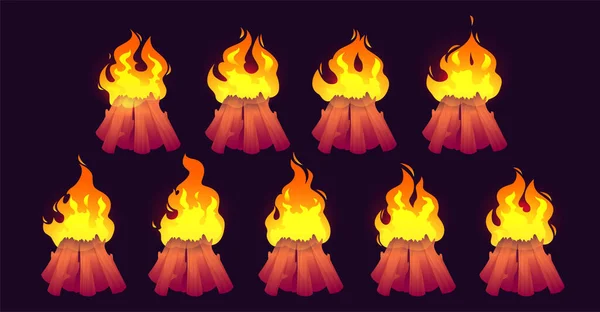 Cartoon burning camp fire flames with, campfire — стоковый вектор