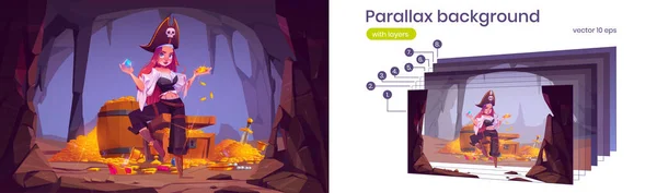 Parallax háttér kalóz lány kincses barlang — Stock Vector