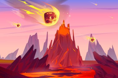 Dünya 'ya düşen meteor yağmuru ve patlayan volkan.