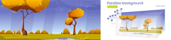 Paralaxe fundo outono chuva cartoon paisagem —  Vetores de Stock
