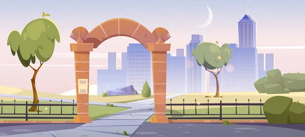 Paisaje urbano temprano en la mañana con puertas de piedra, amanecer — Vector de stock