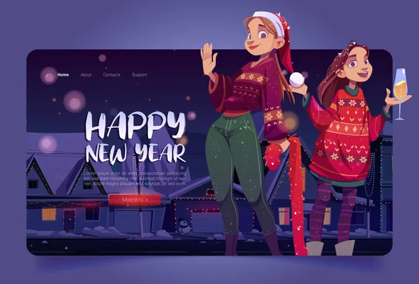 Feliz año nuevo de dibujos animados página de aterrizaje, celebración — Vector de stock