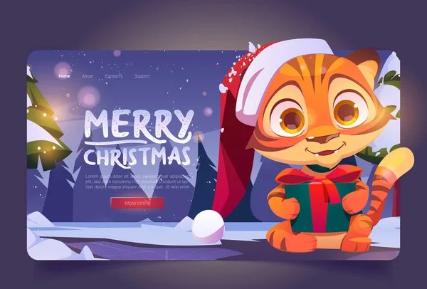 Veselé Vánoce karikatura přistání s roztomilým tygrem — Stockový vektor