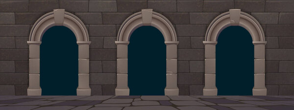 Arches in wall from stone bricks in ancient castle