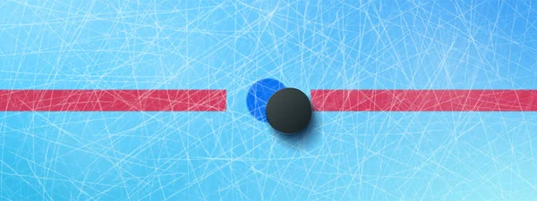 Hockey puck on blue ice rink top view background — Stock Vector