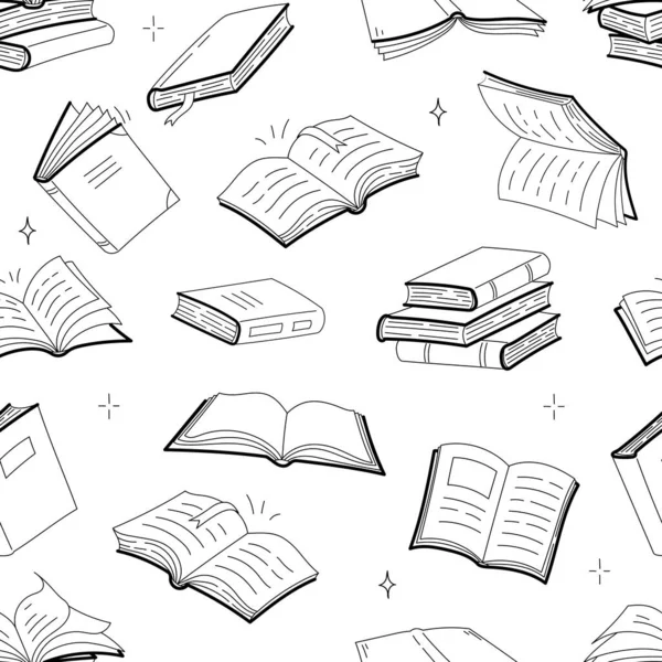 Books seamless pattern, doodle outline textbooks — Vetor de Stock