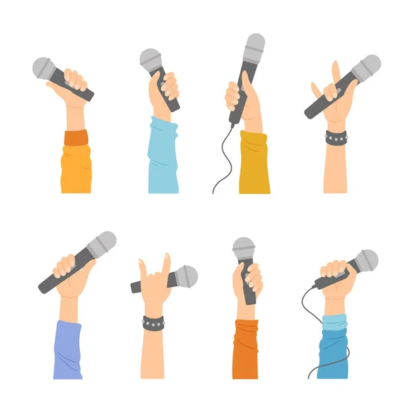 Hands with microphones, human palms holding mics — Stock Vector