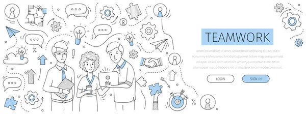 Landing page de trabajo en equipo con gente de negocios doodle — Vector de stock