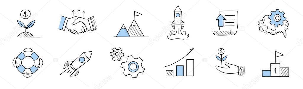 Set of doodle icons, linear vector business signs