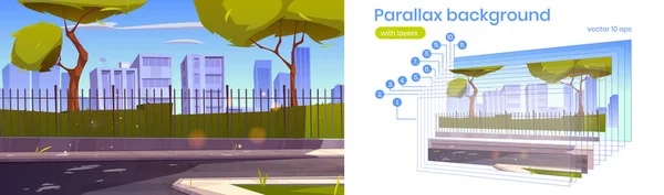Parallax achtergrond met stad straat en tuin — Stockvector