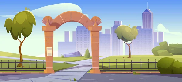 Landscape with stone arch entrance to city park — Stockvector