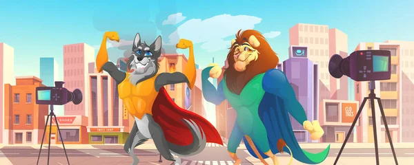 Superhero animals lion and wolf giving interview — Vetor de Stock